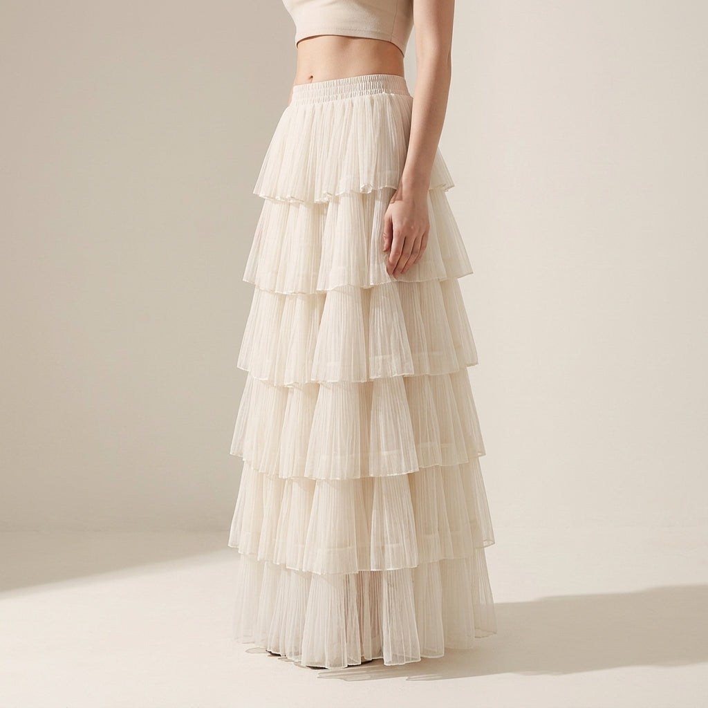 Florentine Pleated Tulle Skirt - APRICOT