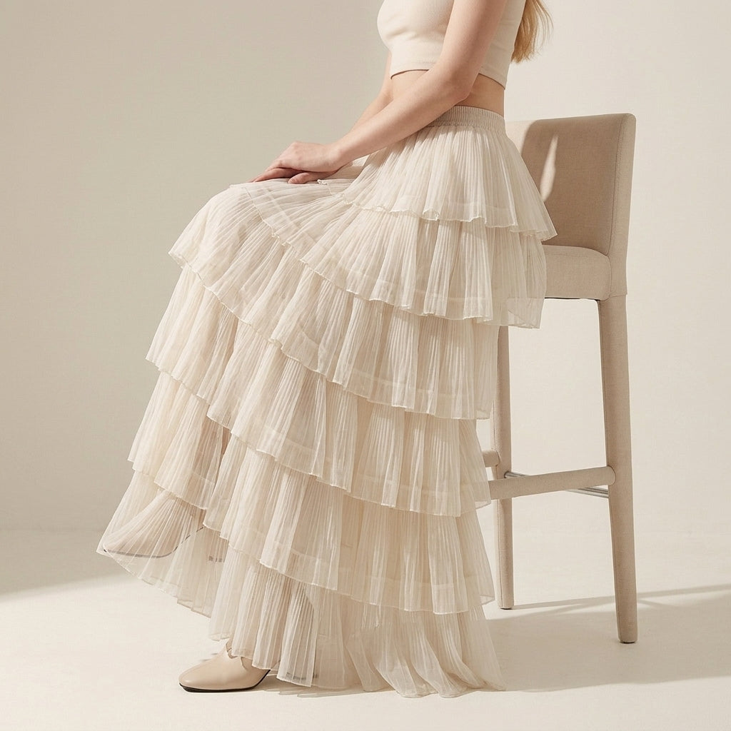 Florentine Pleated Tulle Skirt - APRICOT
