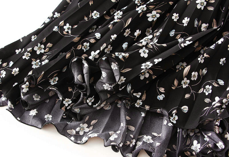 Pleated Floral Chiffon Skirt  - BLACK