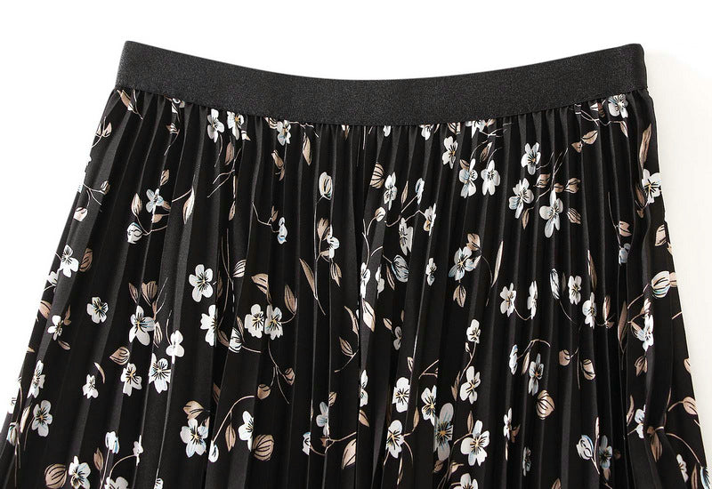 Pleated Floral Chiffon Skirt  - BLACK