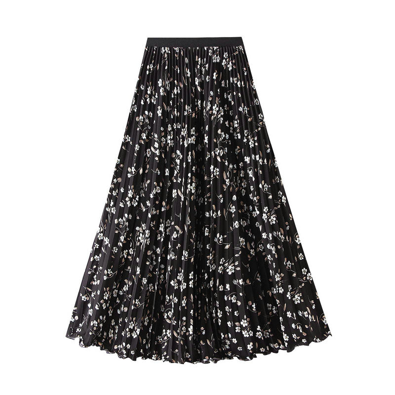 Pleated Floral Chiffon Skirt  - BLACK