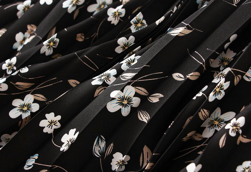Pleated Floral Chiffon Skirt  - BLACK