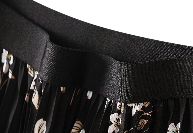 Pleated Floral Chiffon Skirt  - BLACK