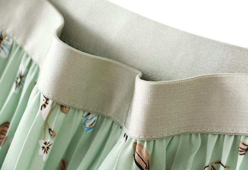 Pleated Floral Chiffon Skirt  - GREEN