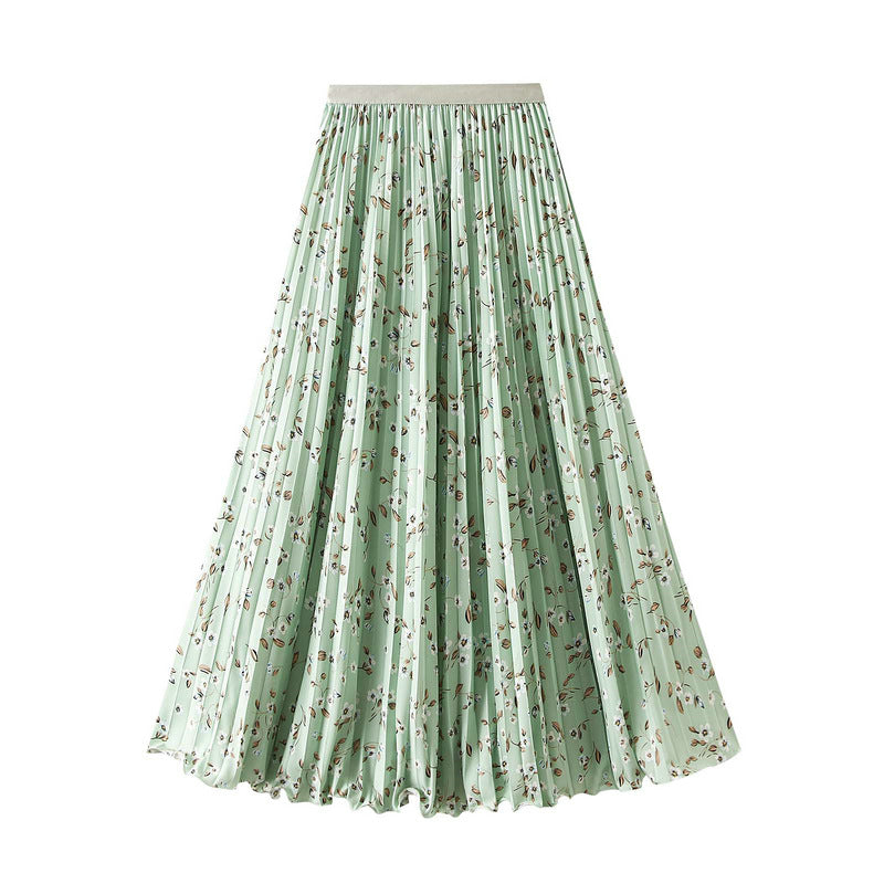Pleated Floral Chiffon Skirt  - GREEN