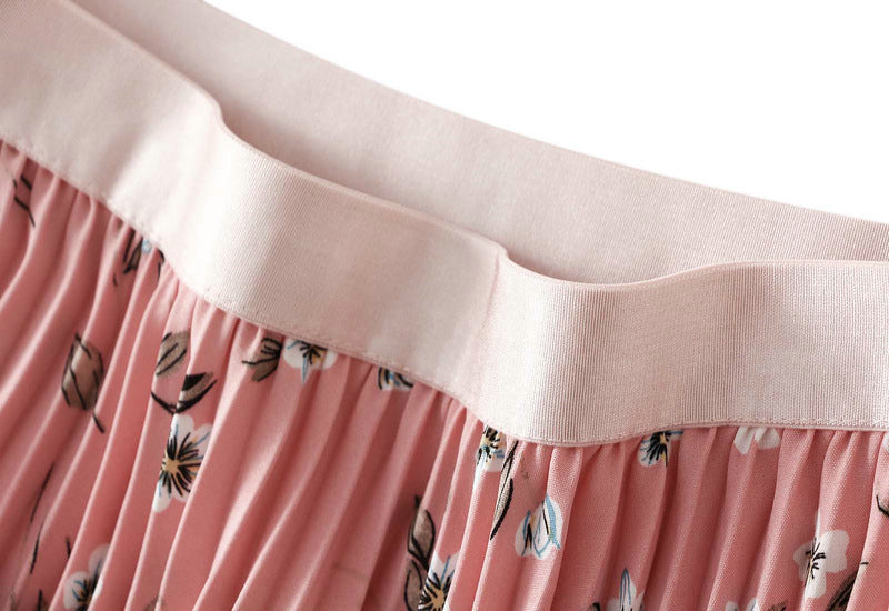 Pleated Floral Chiffon Skirt  - PINK