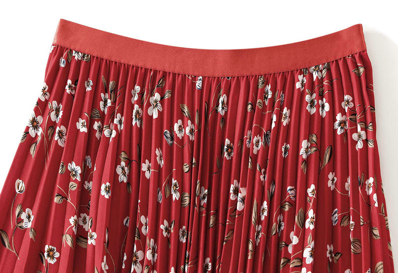 Pleated Floral Chiffon Skirt  - RED