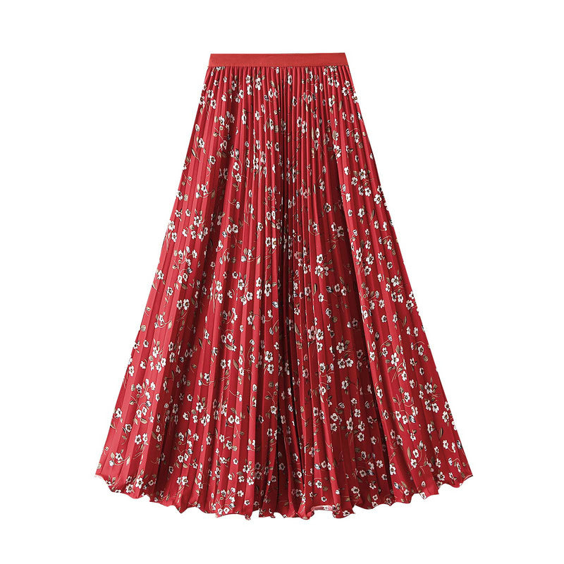 Pleated Floral Chiffon Skirt  - RED
