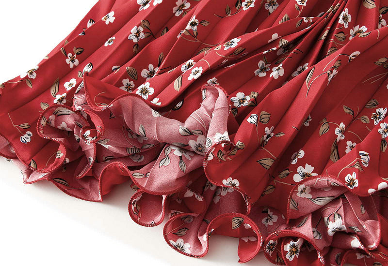 Pleated Floral Chiffon Skirt  - RED
