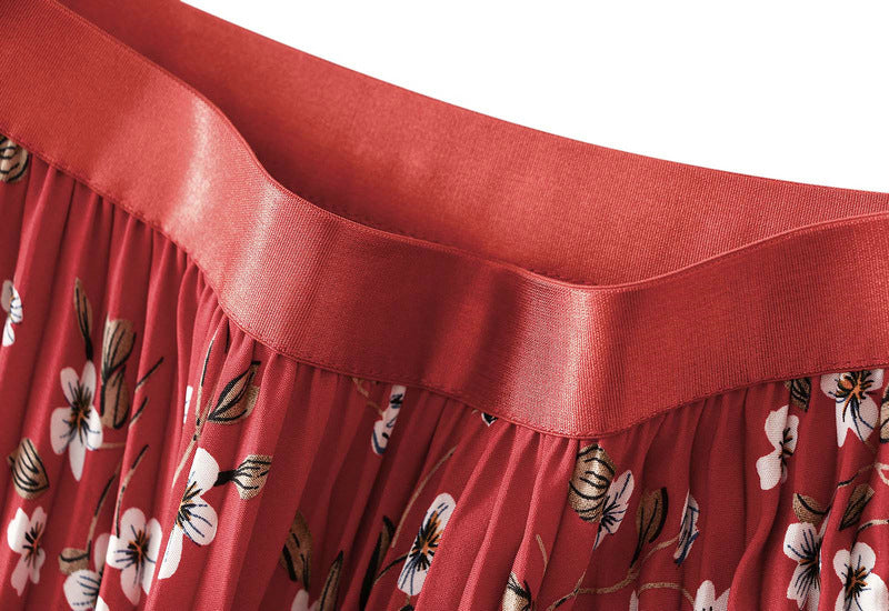 Pleated Floral Chiffon Skirt  - RED