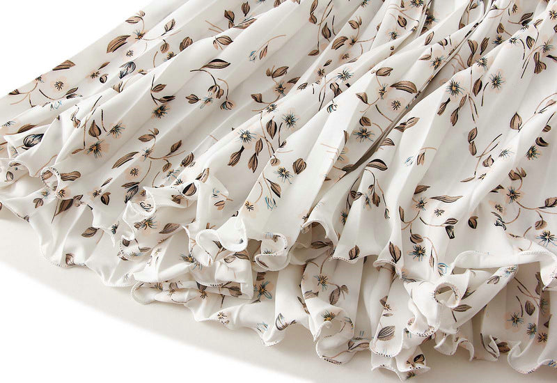 Pleated Floral Chiffon Skirt  - WHITE
