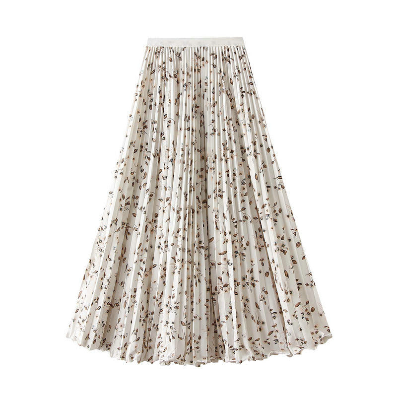 Pleated Floral Chiffon Skirt  - WHITE