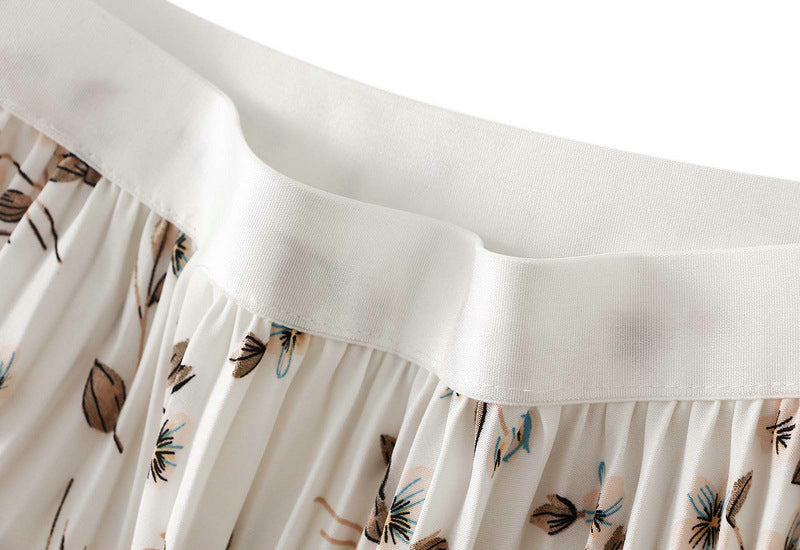 Pleated Floral Chiffon Skirt  - WHITE