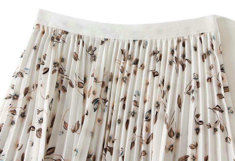 Pleated Floral Chiffon Skirt  - WHITE