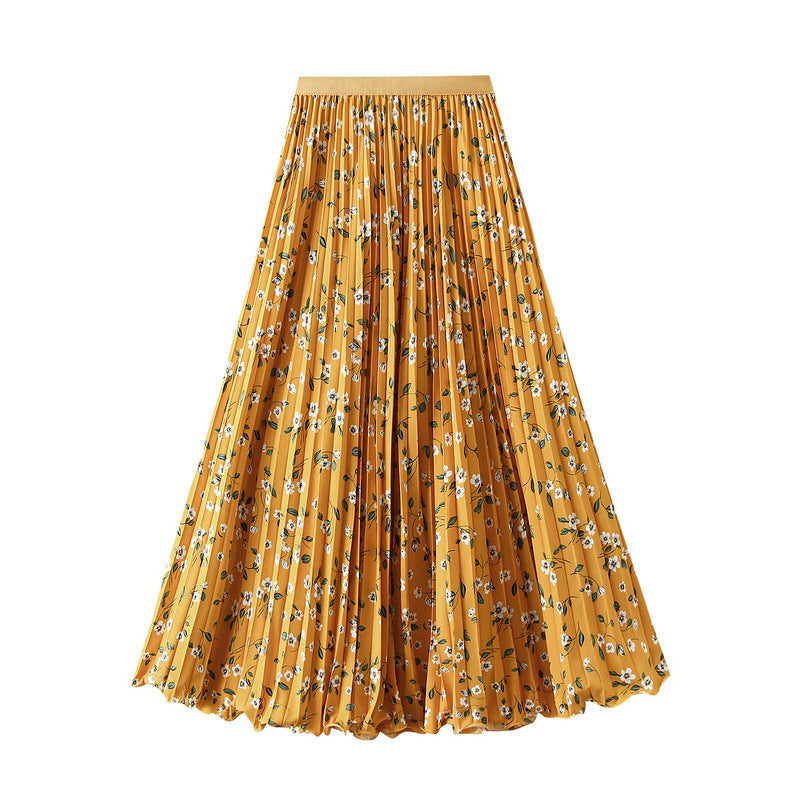 Pleated Floral Chiffon Skirt  - YELLOW