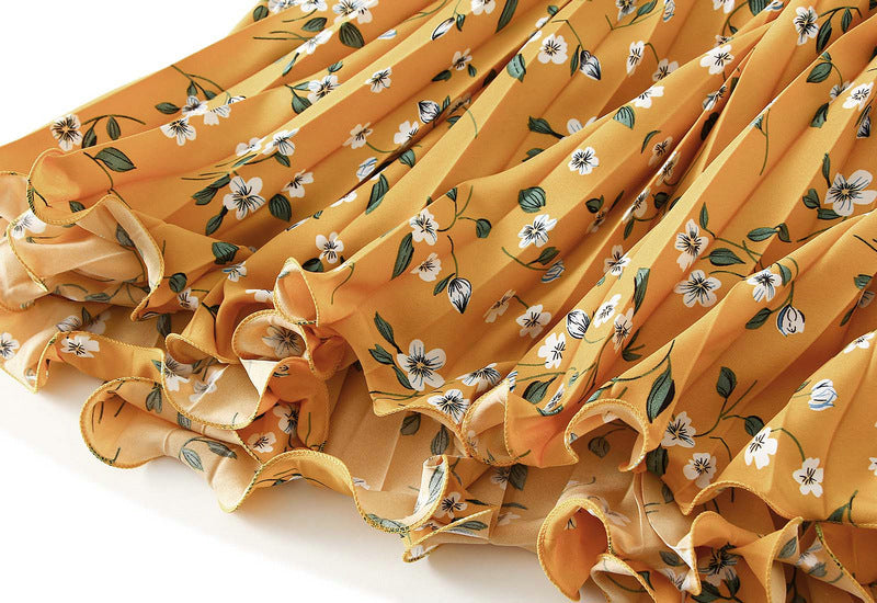 Pleated Floral Chiffon Skirt  - YELLOW