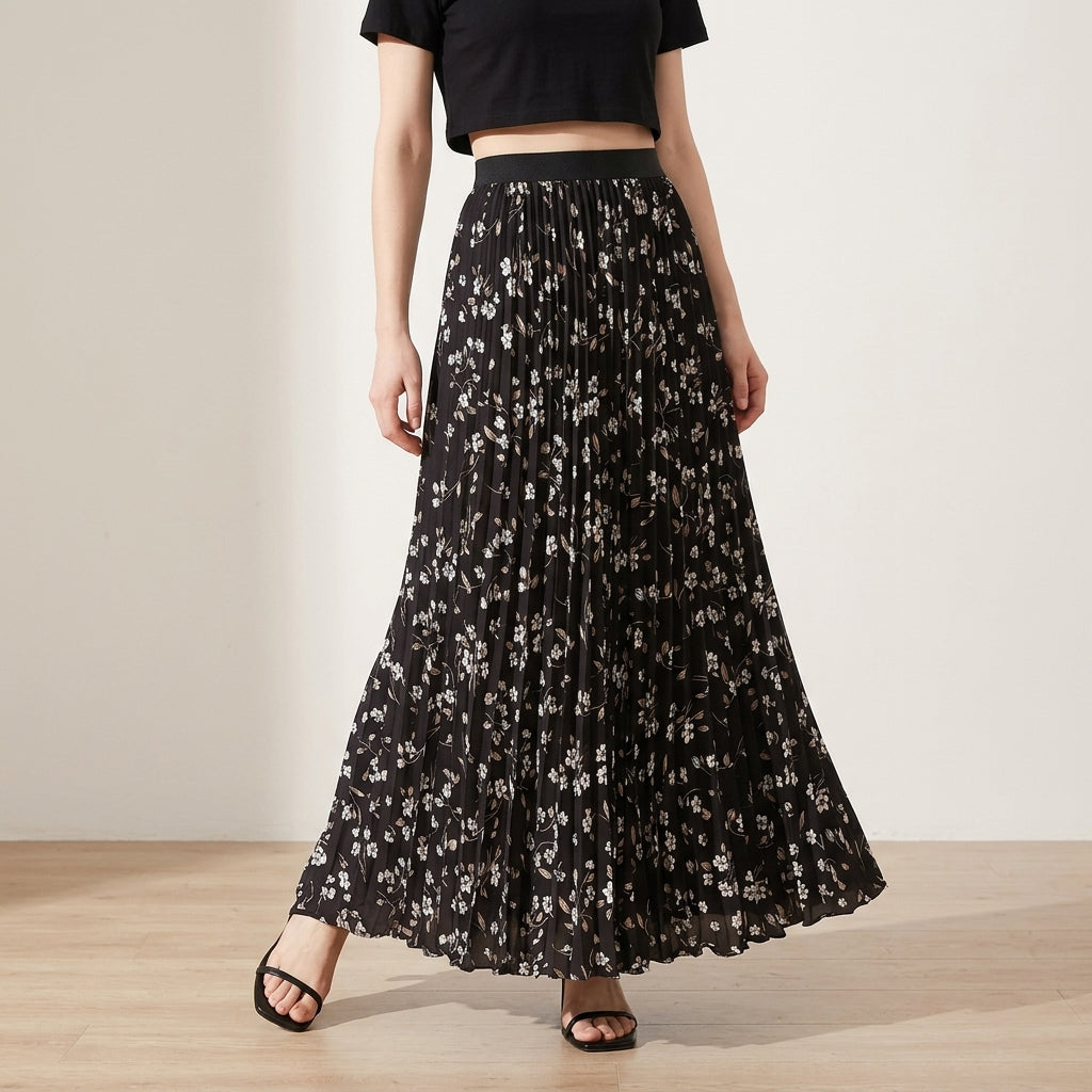 Pleated Floral Chiffon Skirt  - BLACK