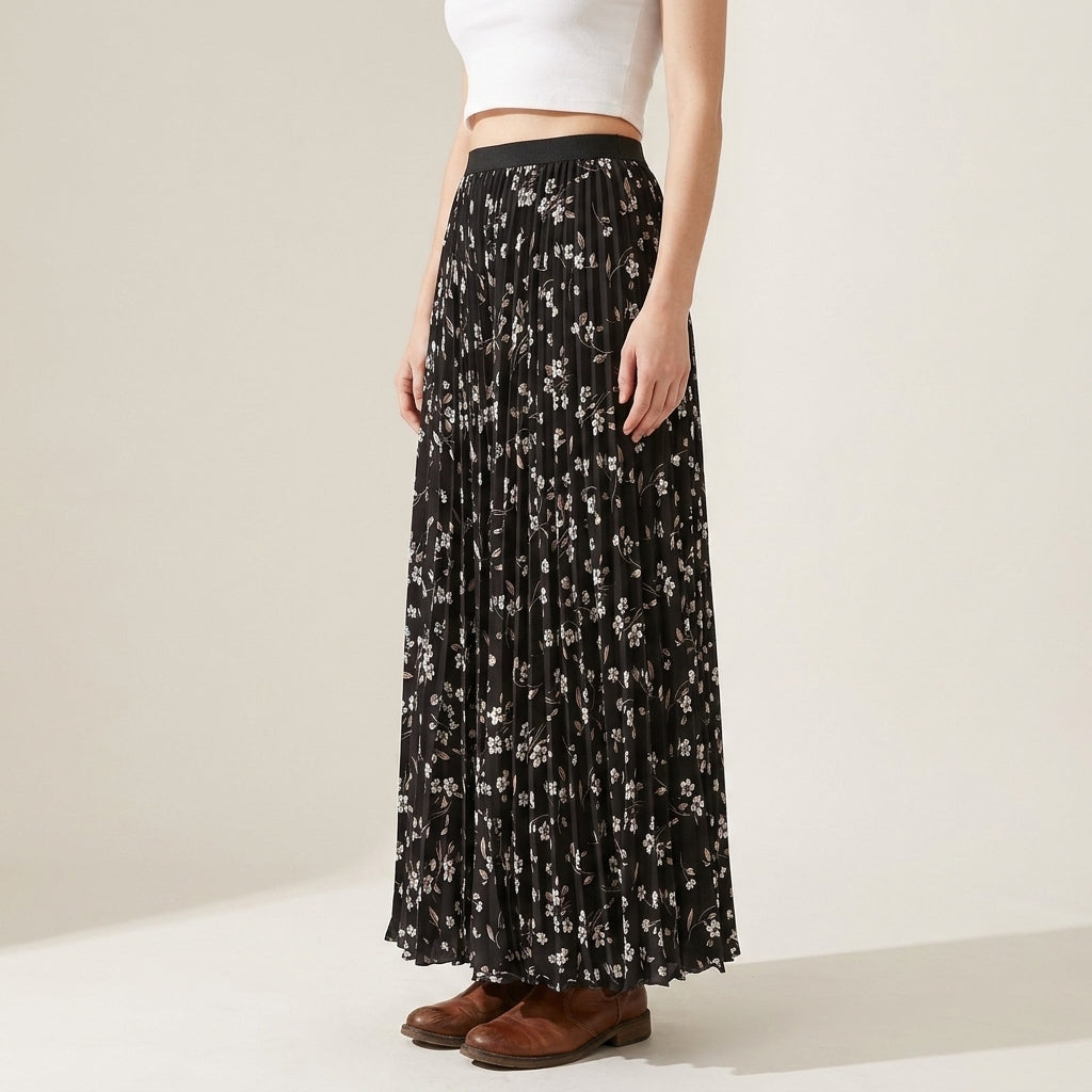 Pleated Floral Chiffon Skirt  - BLACK