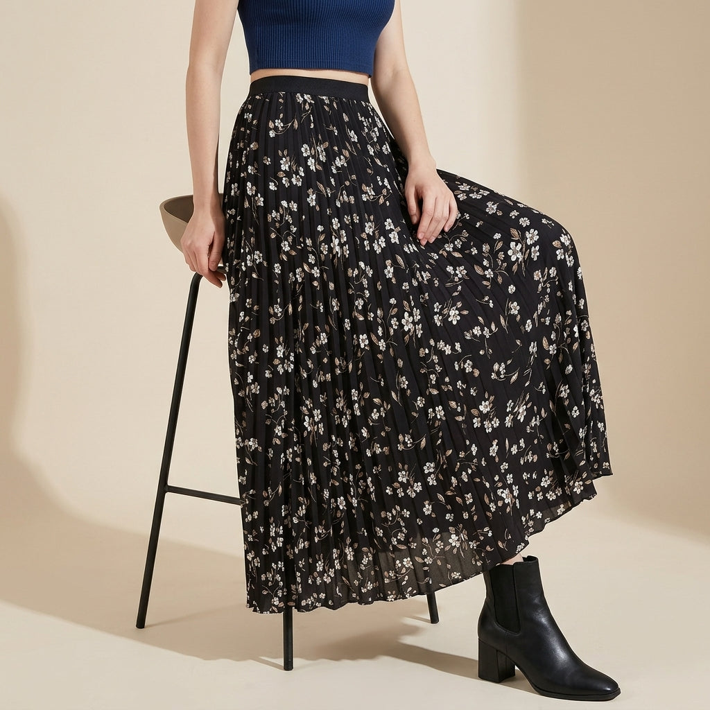 Pleated Floral Chiffon Skirt  - BLACK
