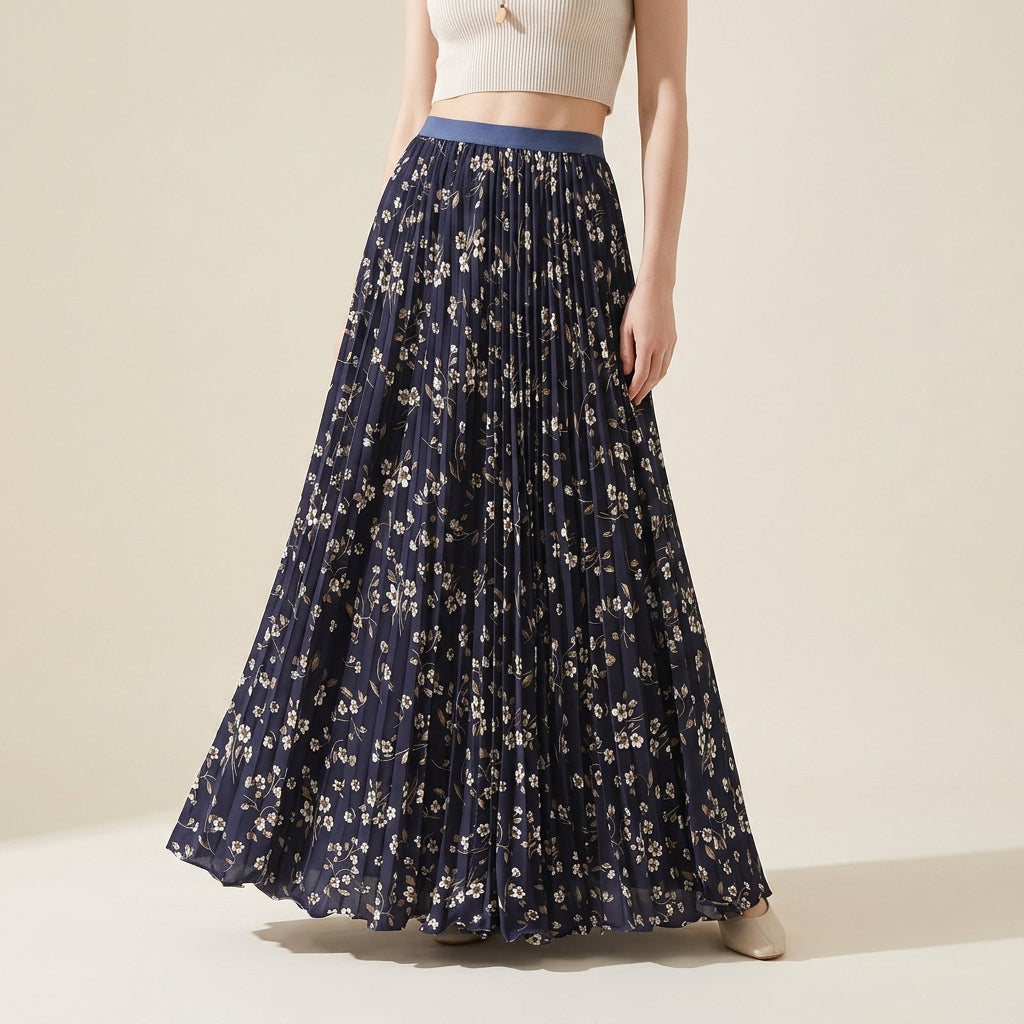 Pleated Floral Chiffon Skirt  - BLUE