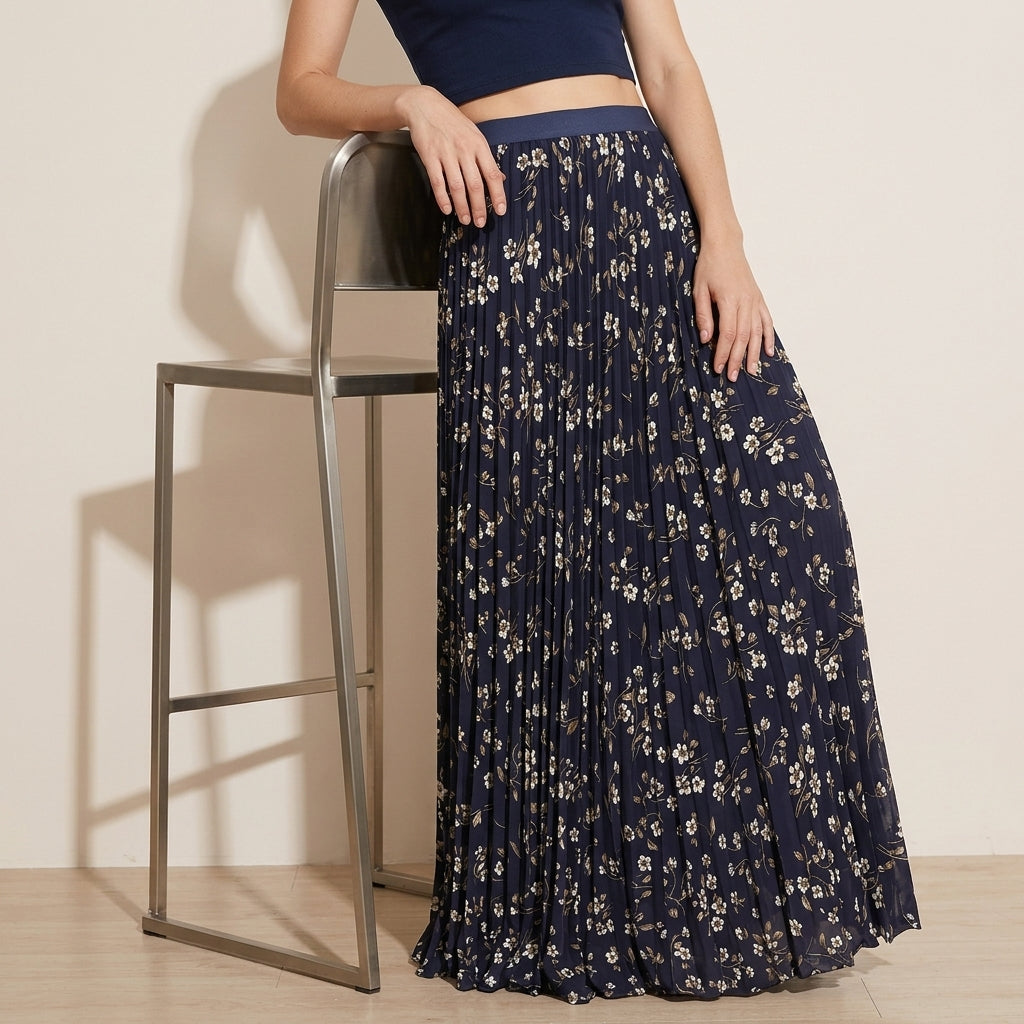 Pleated Floral Chiffon Skirt  - BLUE