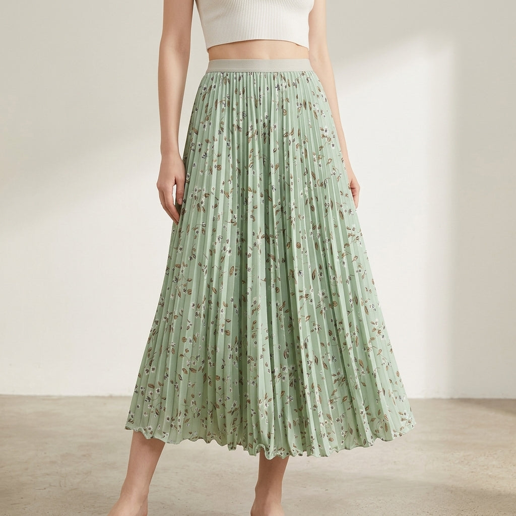 Pleated Floral Chiffon Skirt  - GREEN