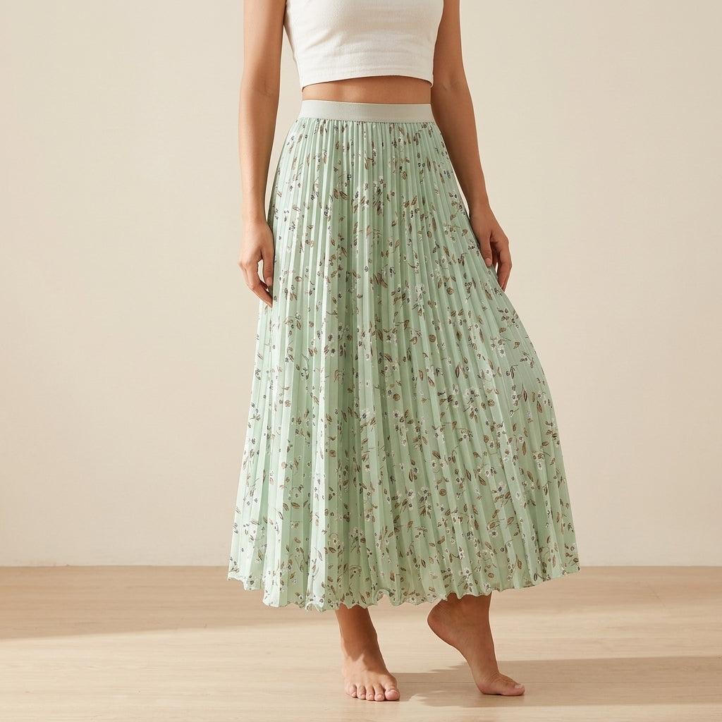 Pleated Floral Chiffon Skirt  - GREEN