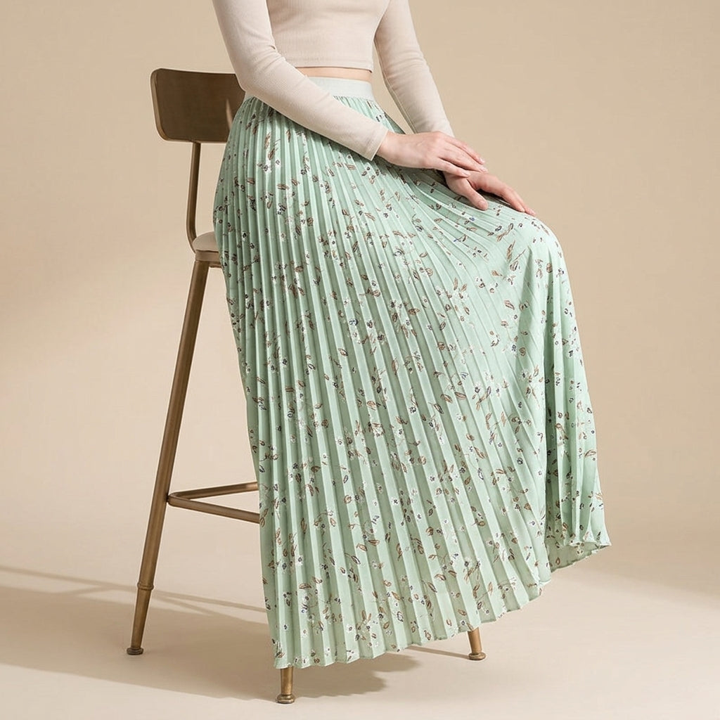 Pleated Floral Chiffon Skirt  - GREEN