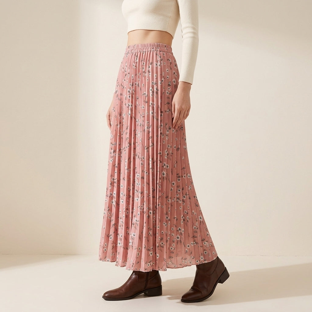 Pleated Floral Chiffon Skirt  - PINK