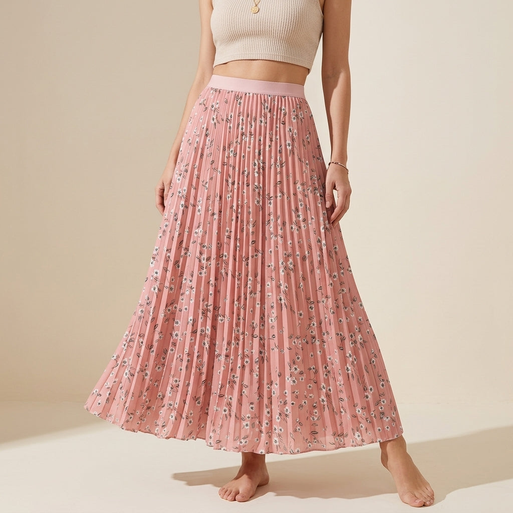 Pleated Floral Chiffon Skirt  - PINK
