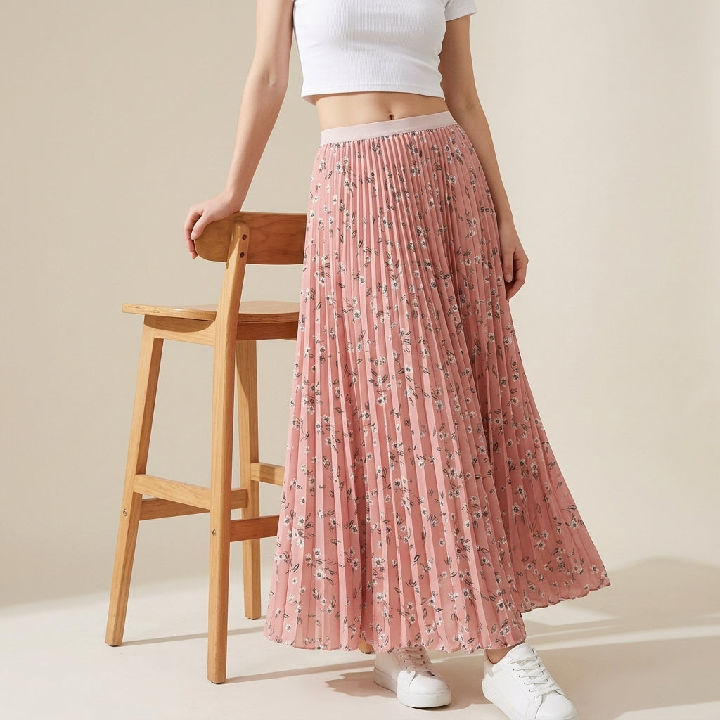 Pleated Floral Chiffon Skirt  - PINK