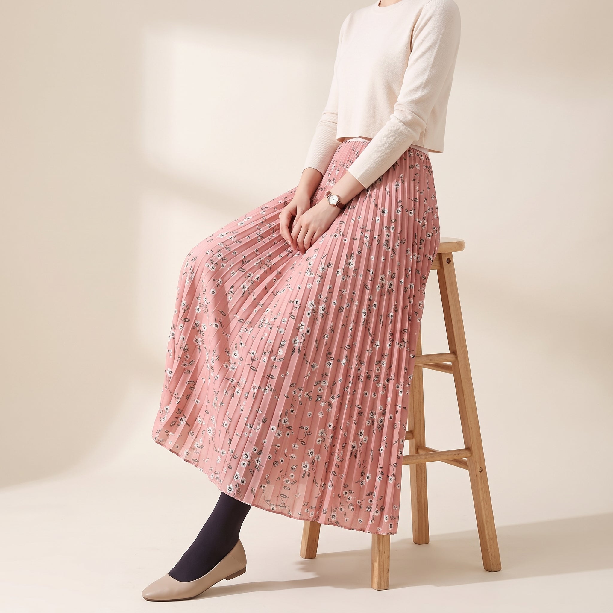 Pleated Floral Chiffon Skirt  - PINK