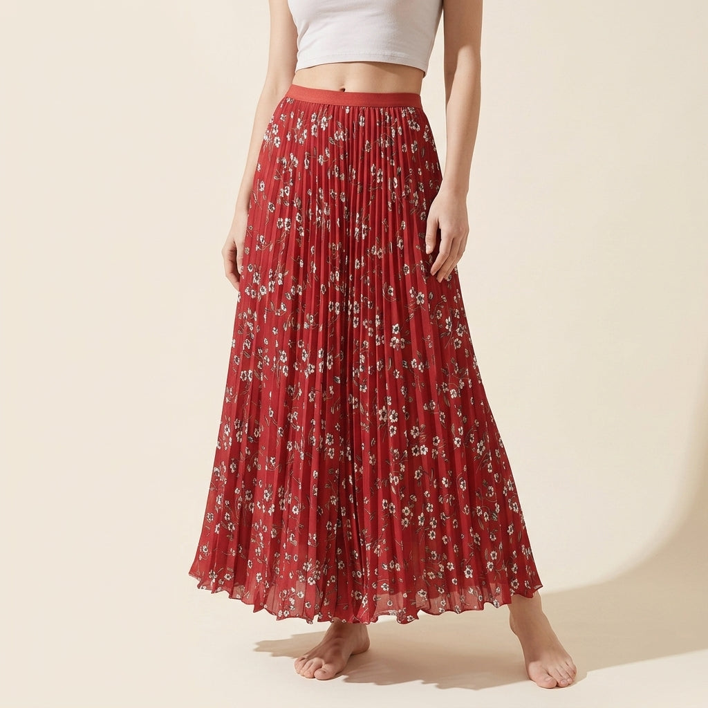 Pleated Floral Chiffon Skirt  - RED