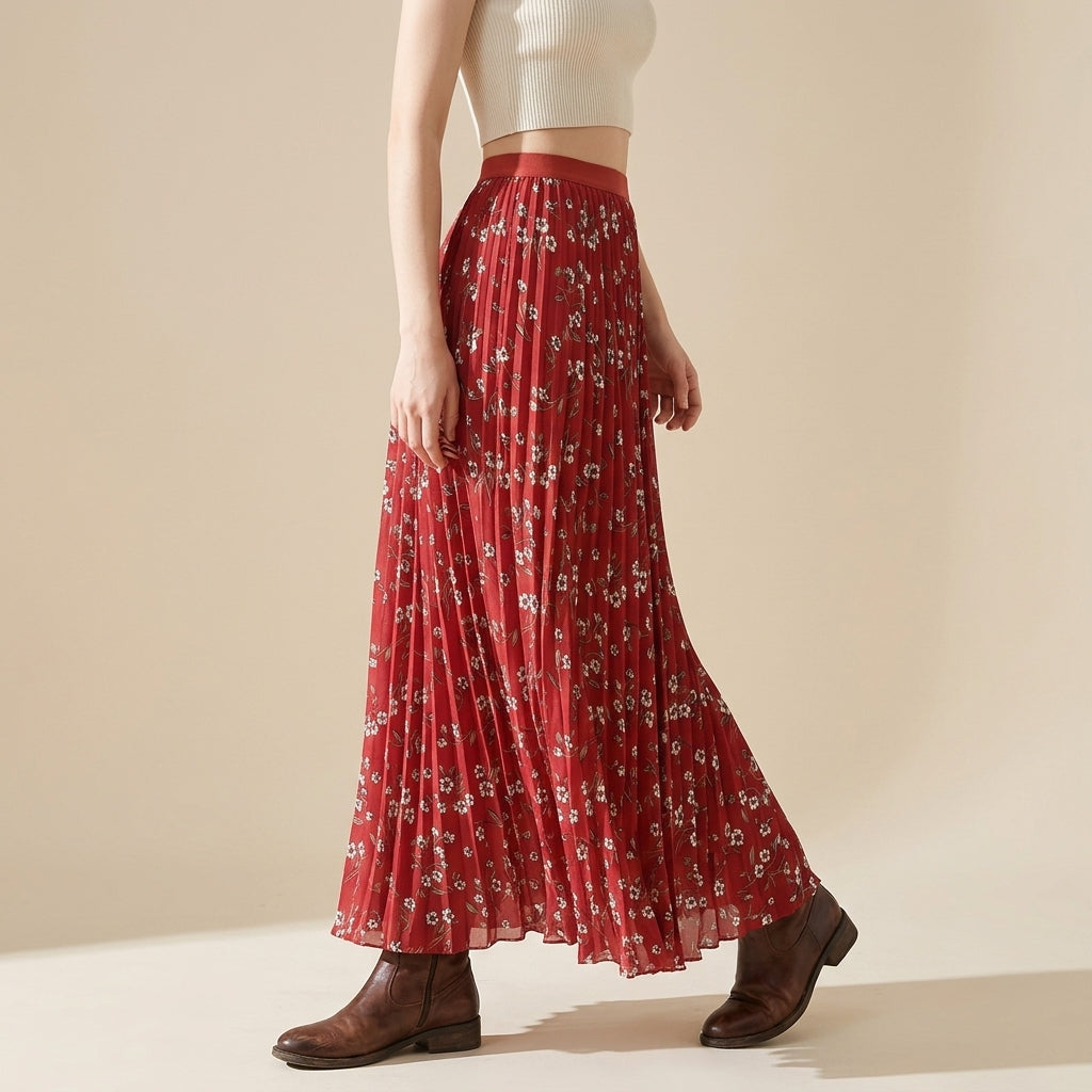 Pleated Floral Chiffon Skirt  - RED