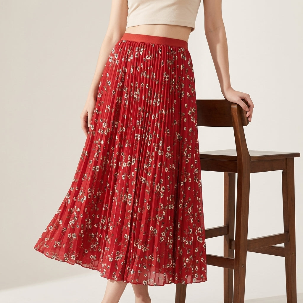 Pleated Floral Chiffon Skirt  - RED