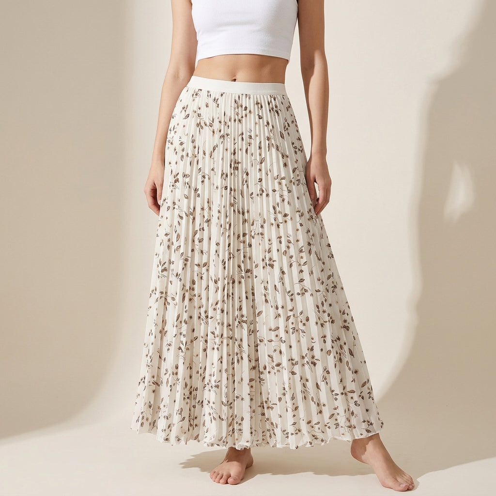 Pleated Floral Chiffon Skirt  - WHITE