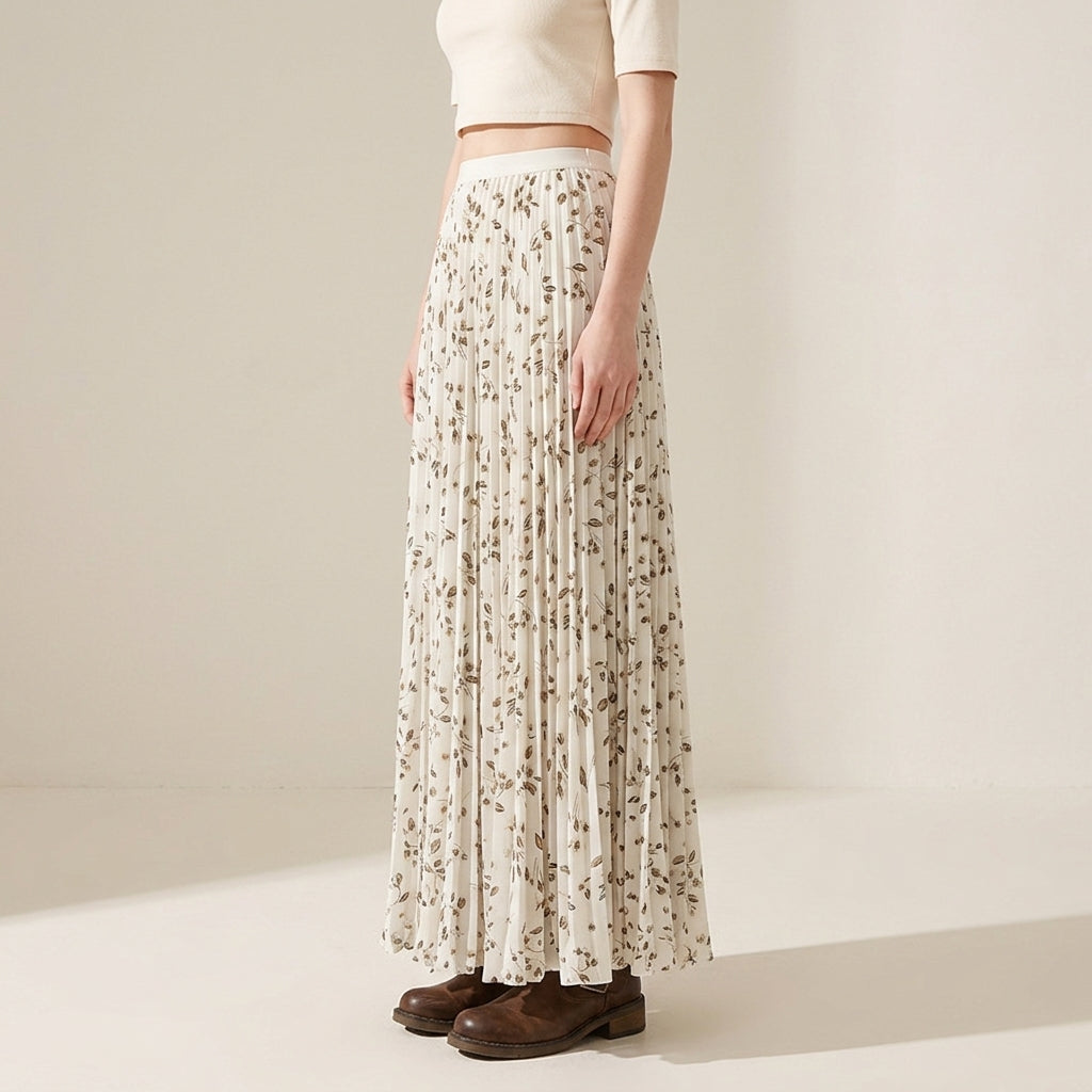 Pleated Floral Chiffon Skirt  - WHITE