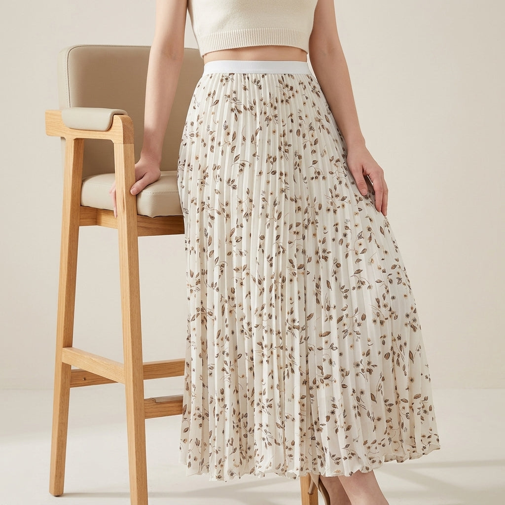 Pleated Floral Chiffon Skirt  - WHITE