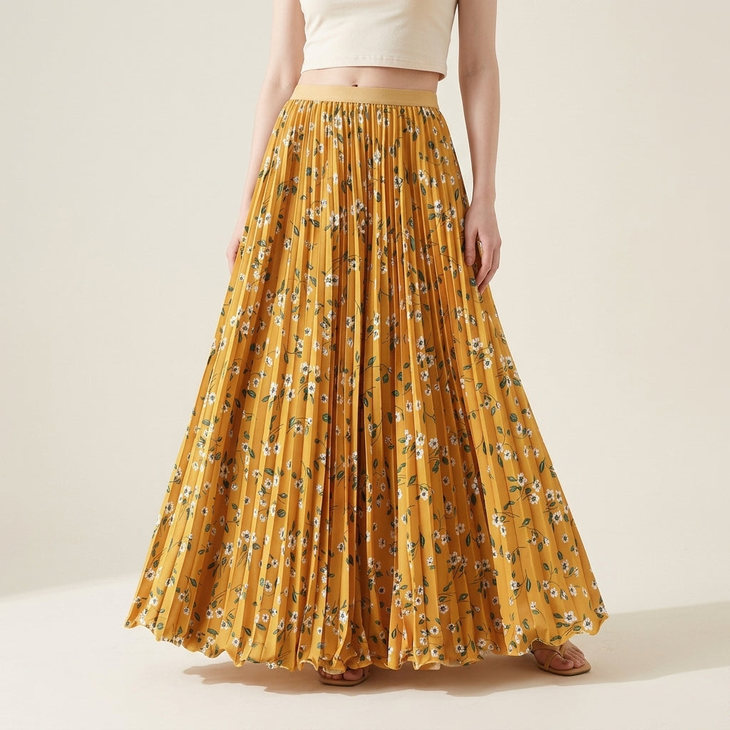 Pleated Floral Chiffon Skirt  - YELLOW