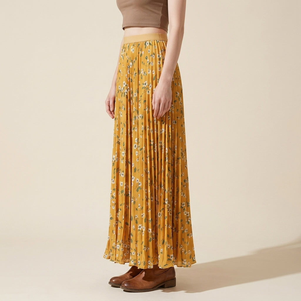 Pleated Floral Chiffon Skirt  - YELLOW