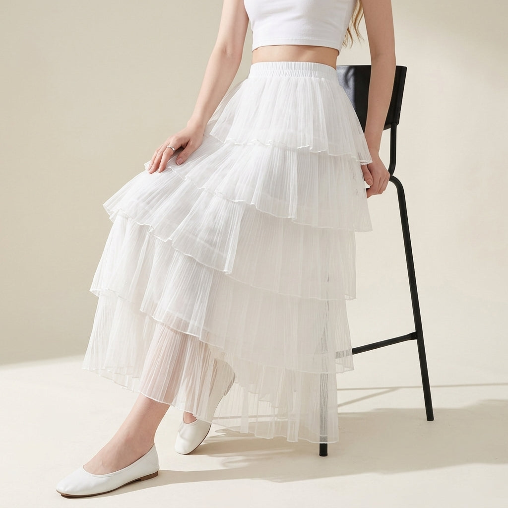 Florentine Pleated Tulle Skirt - WHITE