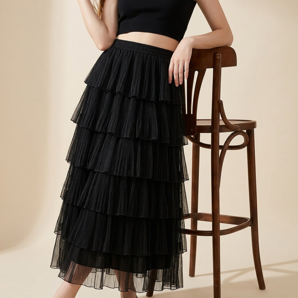 Florentine Pleated Tulle Skirt - BLACK