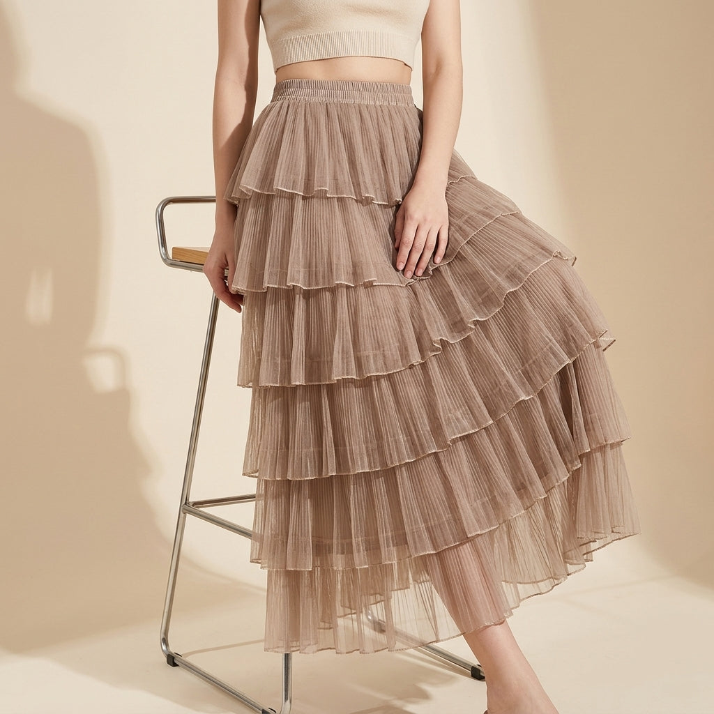 Florentine Pleated Tulle Skirt - KHAKI