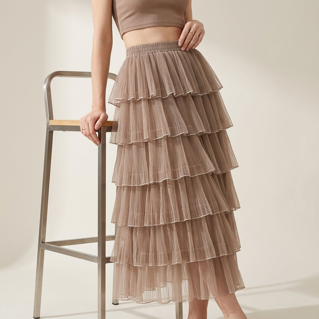 Florentine Pleated Tulle Skirt - KHAKI
