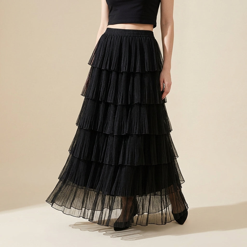 Florentine Pleated Tulle Skirt - BLACK