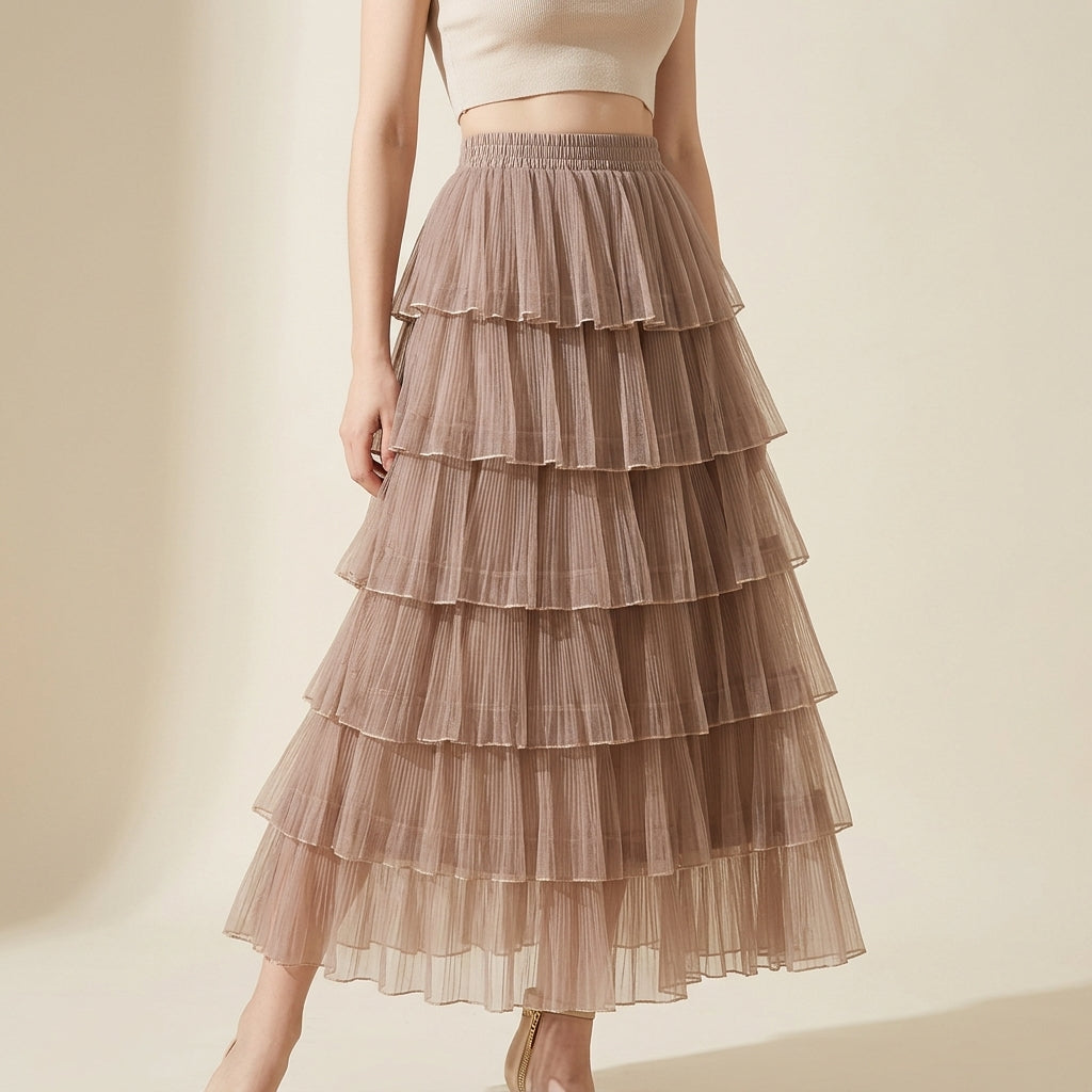 Florentine Pleated Tulle Skirt - KHAKI
