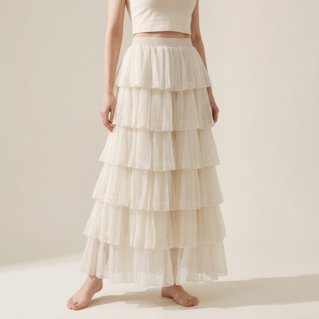 Florentine Pleated Tulle Skirt - APRICOT
