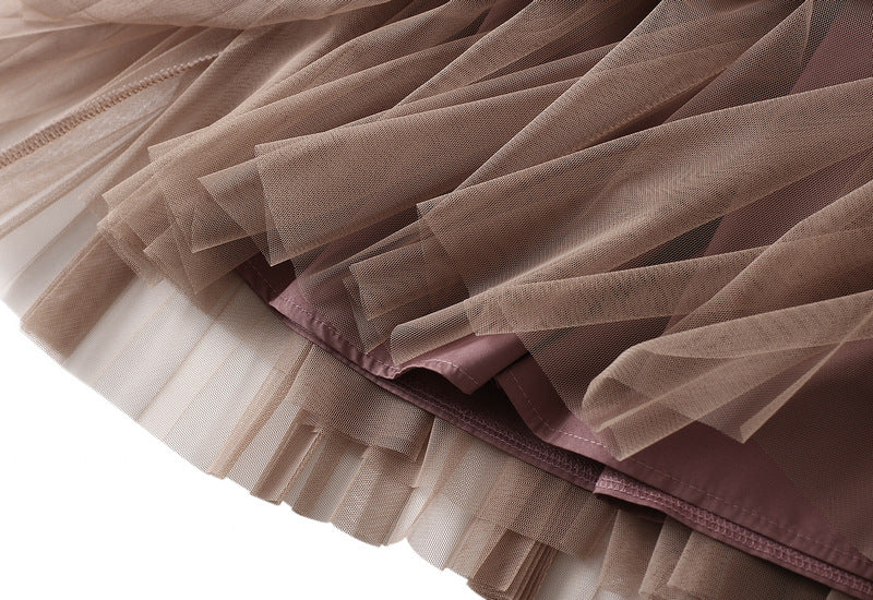 Spliced Pleated Mesh A Line Skirt - 1803_PINK