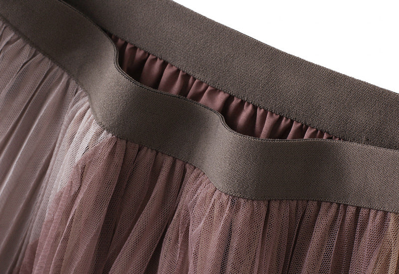 Spliced Pleated Mesh A Line Skirt - 1803_PINK
