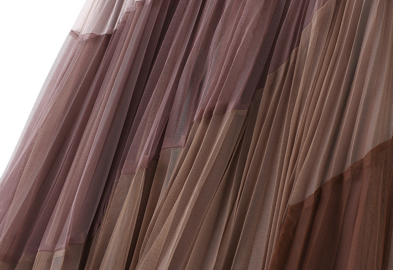 Spliced Pleated Mesh A Line Skirt - 1803_PINK